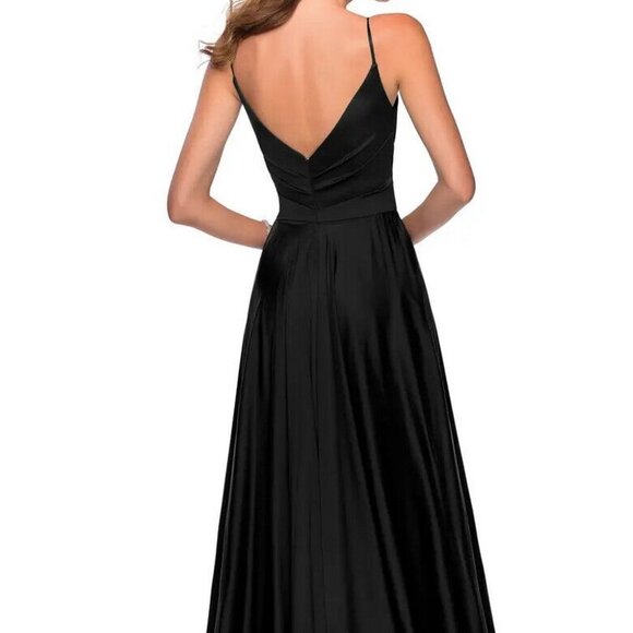 La Femme Black Sleeveless V-Neck High Leg Slit A-Line Gown - Picture 3 of 4